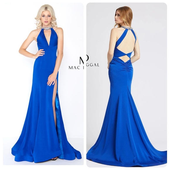 Mac Duggal 66465 Prom Long Formal Halter Dress Gown Blue Embellished Size 4 NWT - Picture 1 of 11